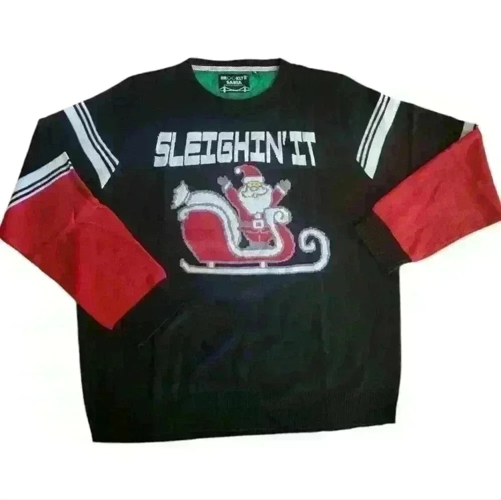 Brooklyn Santa‎ "SLEIGHIN' IT" UGLY XMAS Holiday Sweater Mens XL.
